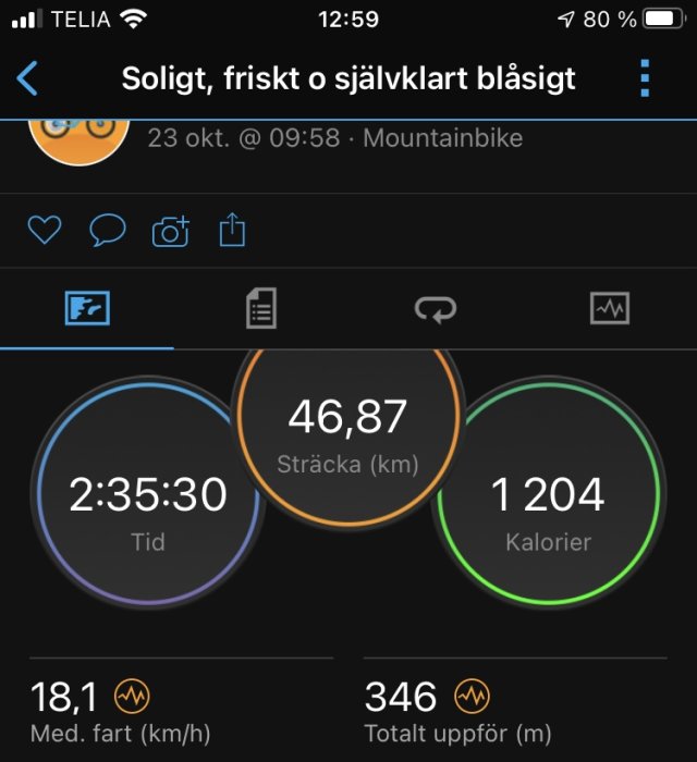 Skärmdump av aktivitetsspårare som visar cykeltur med sträcka 46,87 km, tid 2:35:30, förbrända kalorier 1 204.