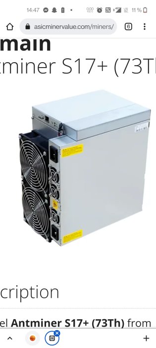 ASIC Bitcoin miner Antminer S17+ med fläktar och effektintag.