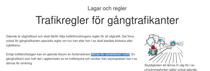 Illustration om trafikregler för gångtrafikanter, inklusive figur som går över väg och fordon.