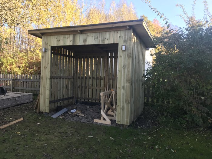 Nybyggt trävedförråd med öppna sidor och takutsprång, omgiven av trädgård och vegetation.