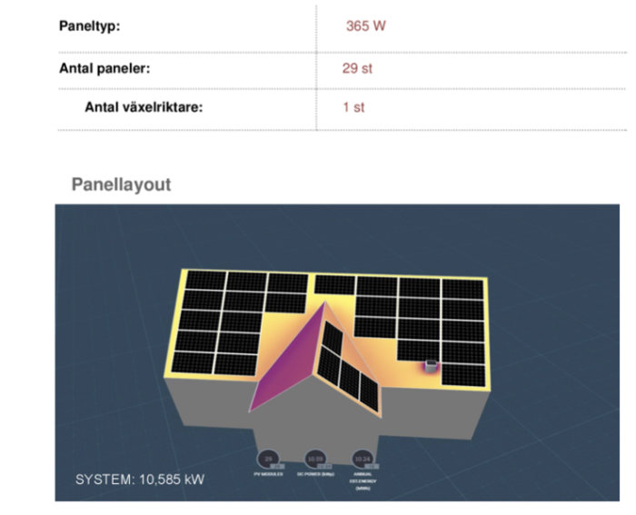 Illustration av solpaneler anordnade på ett hustak med angiven layout för ett större solcellssystem på 10,585 kW.