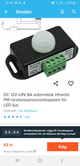 DC 12V-24V 8A automatisk infraröd PIR-rörelsesensoromkopplare för LED-ljus.