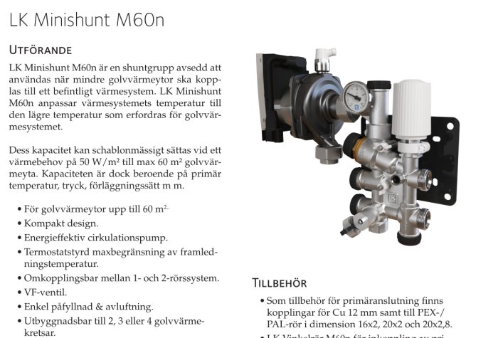 LK Minishunt M60n shuntgrupp för golvvärme med fyra anslutna slingor och manometer. Max 60 m² kapacitet.