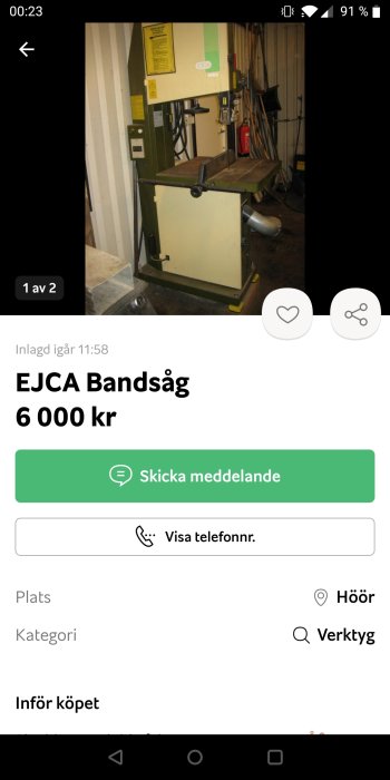 Bandsåg från EJCA i ett verktygsrum, annonserat till salu för 6000 kr.