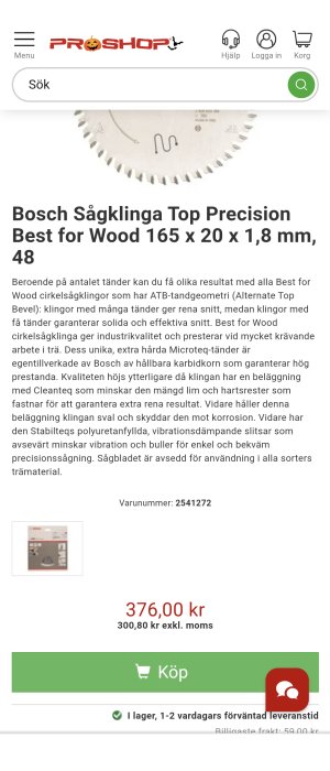 Skärmdump från Proshop med Bosch cirkelsågklinga Top Precision Best for Wood, pris och artikelnummer synliga.