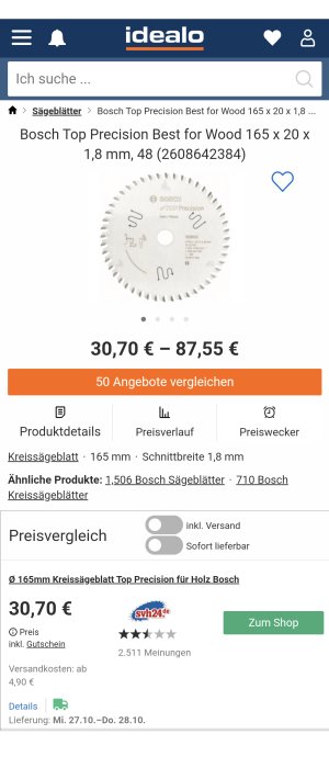 Skärmdump från Idealo-webbplatsen visar Bosch cirkelsågskiva med priser och butiksbetyg.
