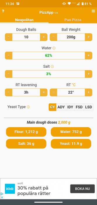 Skärmdump av 'PizzaApp' för att beräkna ingredienser för degtillverkning, inklusive mjöl, vatten och jäst.