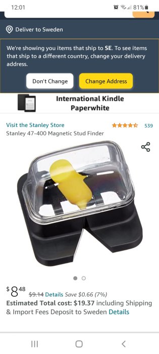 Stanley 47-400 Magnetisk stenderfinner i en plastpakning, vist på en nettbutikk med pris og levering til Sverige.