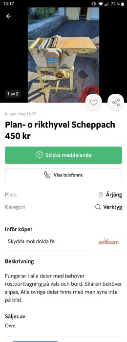 Begagnad Scheppach HM0-Solo plan- och rikthyvel på gul stativ med röd elkabel på uppfart.