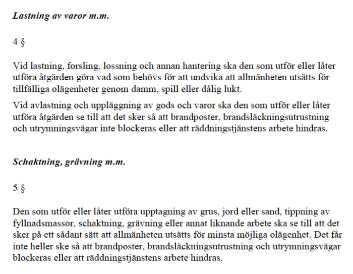 Skärmdump av lagtext om lastning av varor och schaktning med detaljer om vad som krävs för att undvika olägenheter.