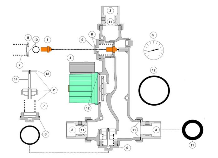 Schematisk genomskärning av en laddomat med numrerade delar och anslutningar.