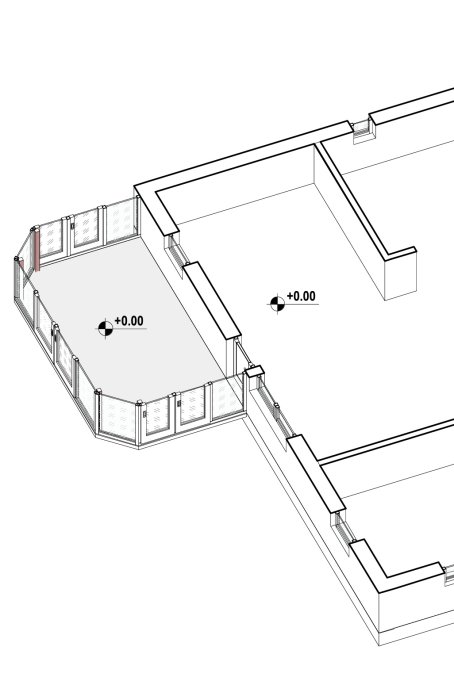 Illustrativ ritning av ett 1,5 plans hus med markerad plats för glasskjutdörren och altandörren.