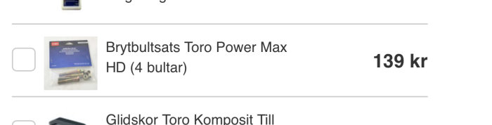 Förpackning med Brytbultsats Toro Power Max HD bestående av 4 bultar, prissatt till 139 kronor.