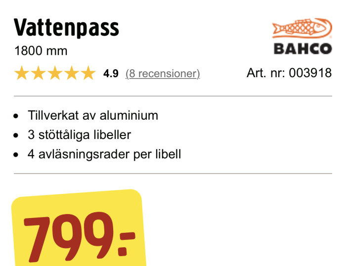 Produktinformation för Bahco vattenpass 1800 mm med poäng 4.9 och pris, omgivet av produktspecifikationer och logotyp.