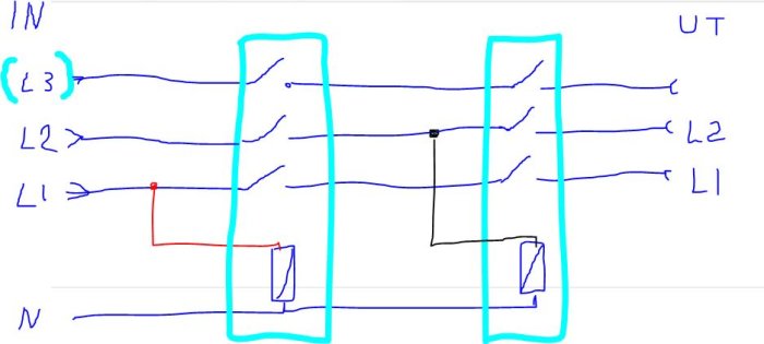 Handritad schematisk illustration av en elektrisk koppling med två kontaktorer och ledningar märkta L1, L2, N och UT.