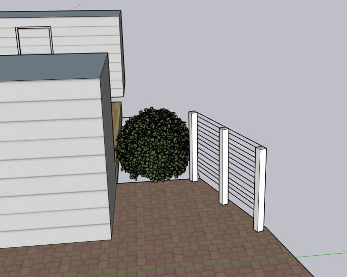 3D-ritning av tänkt cykelparkering med spaljé, marksten och buske intill en byggnad.