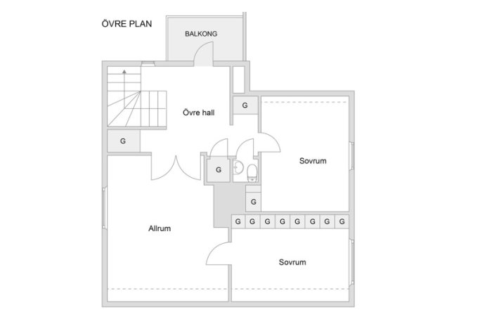 Ritning av övervåningen på en 20-talsvilla med två sovrum, allrum, walk-in-closet och övre hall.