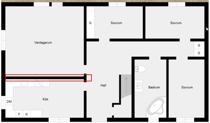 Planritning av en enplansvilla med en röd markering som visar en potentiellt bärande vägg.