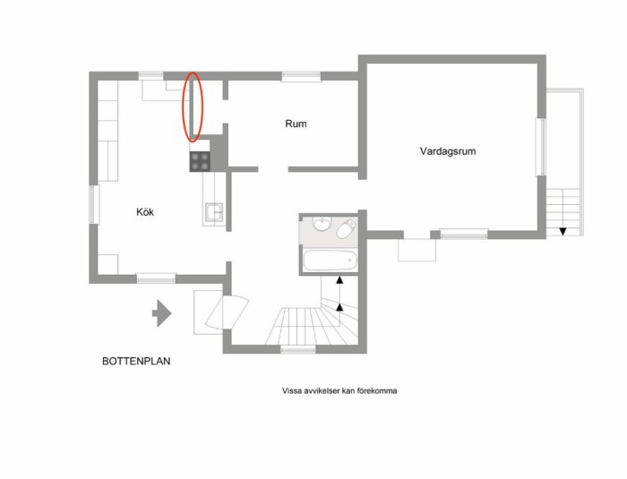 Planritning av bottenplan i hus, med en vägg markerad med röd ring, inkluderar kök, rum och vardagsrum.