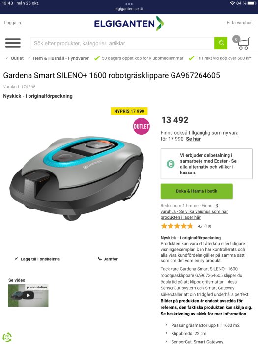 Gardena Smart SILENO+ 1600 robotgräsklippare visad på en webbutikssida med prisinformation och produktbeskrivning.