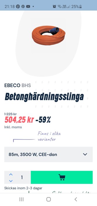 En orange betonghärdningsslinga på 85 meter och 3500W visas på en webbplatsannons.