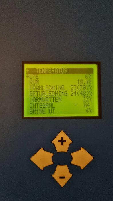 Digital display som visar olika temperaturvärden för uppvärmningssystem, inklusive rum och varmvatten.