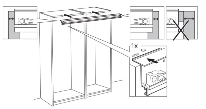 Illustration av monteringsinstruktioner för Ikea skjutdörrar och skenor på en garderob.