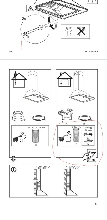 Instruktionsbild för montering av köksfläkt med extern och recirkulerande installation.