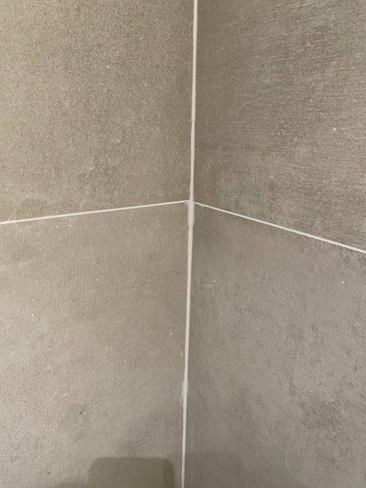 En närbild av dåligt applicerad silikon mellan kakelplattor i en gästtoalett.
