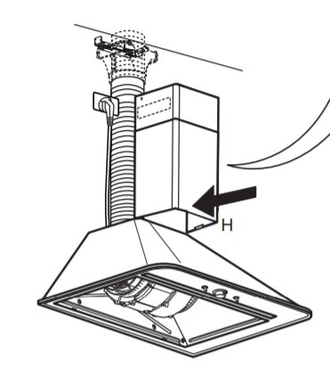 Illustration av ett inbyggt uttag intill ett ventilationsrör och instruktioner för installation.