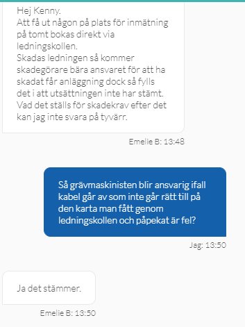 Skärmdump av textmeddelandekonversation om ansvar vid kabelskador under grävning.