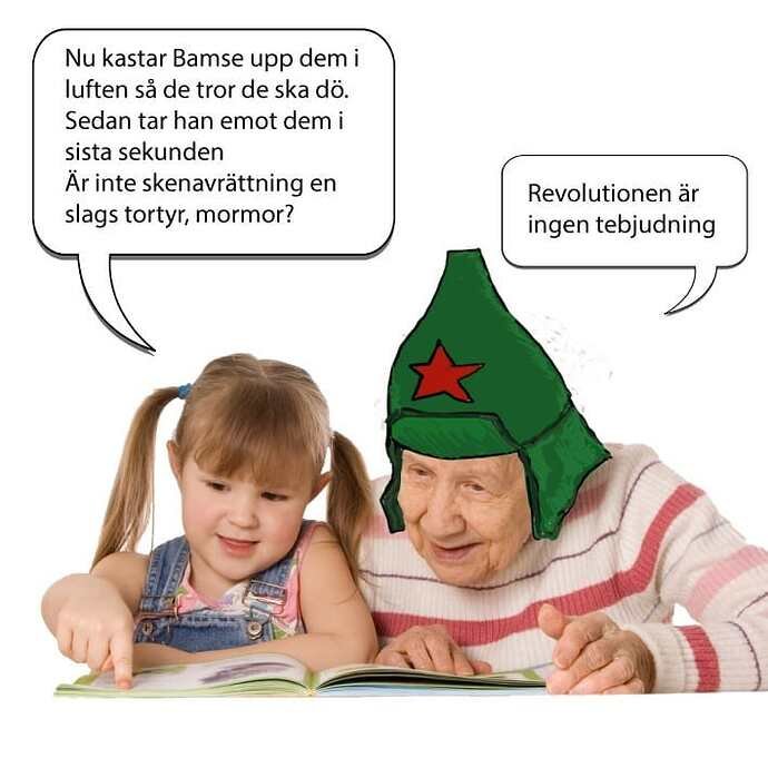 Flicka och äldre kvinna med grön hatt läser en berättelse, med pratbubblor som innehåller text.