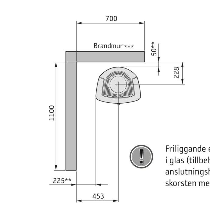 Schematisk bild av installationsguide för kamin med måttangivelser och varningsikoner.