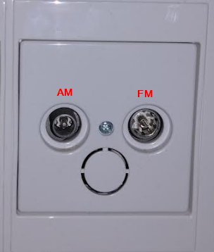 Vägguttag märkt med AM och FM för antennanslutning.
