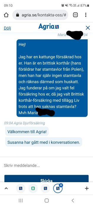 Skärmdump av en chattkonversation med Agria Djurförsäkring på en mobiltelefon.