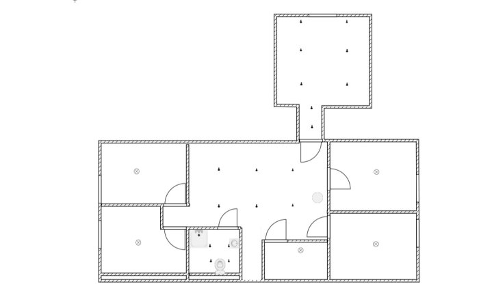 Grundritning av ett hus med markerade rum och dörröppningar, ritat i ett designprogram.