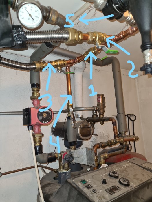 VVS-installation med numrerade rör och ventiler för en värmepumpsanslutning.