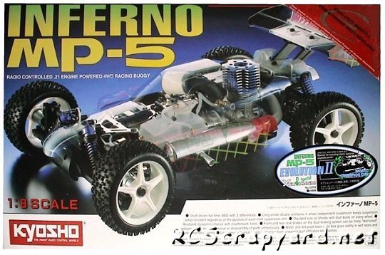 Radiostyrd buggymodell Inferno MP-5 med synliga delar och logotyp, skala 1:8.