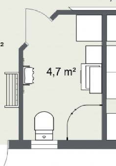 Ritning av ett litet badrum på 4,7 m² med toalett, dusch, handfat och tvättmaskin.