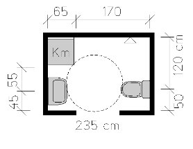 Ritning av ett litet tillgänglighetsanpassat badrum med dusch, tvättmaskin och förvaringslösningar, 4 kvm.