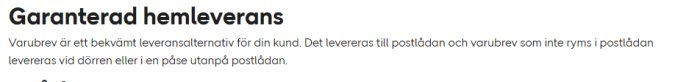 Skärmbild av PostNords webbsida som visar texten "Garanterad hemleverans" med beskrivning av varubrevservice.