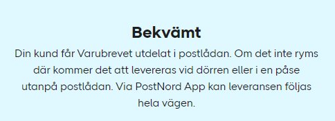 Skärmbild av PostNords hemsida med information om leverans av Varubrev direkt i postlådan eller vid dörren.
