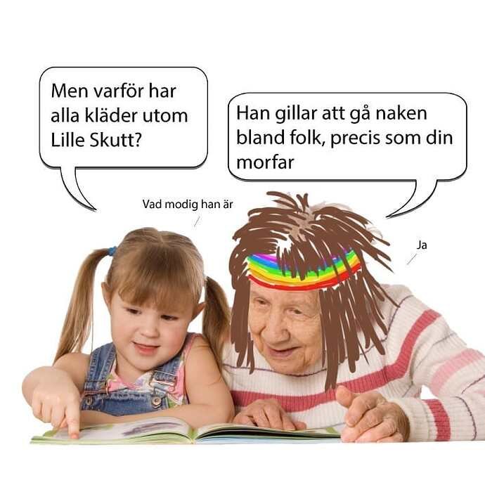 En flicka och en äldre person med regnbågsfärgat pannband läser bok med pratbubblor.