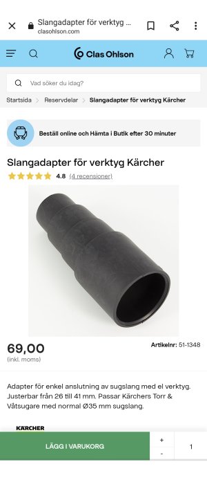 Svart slangadapter för verktyg anpassbar från 26 till 41 mm för dammsugare.