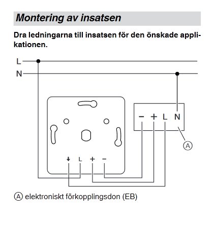 Schematisk installationsritning för montering av elektroniskt kopplingsdon med märkningar för L, N och A.