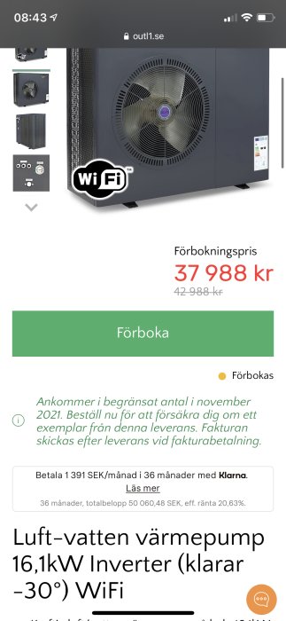 Luft-vatten värmepump 16,1kW inverter med WiFi-funktion, prissatt till 37988 svenska kronor på försäljningssida.