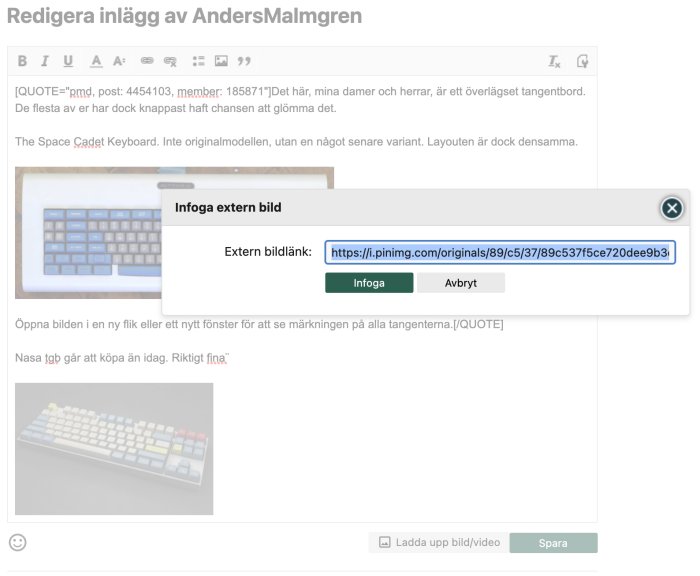 Gränssnitt för att infoga en extern bildlänk i ett diskussionsinlägg med en förhandsbild av tangentbord.