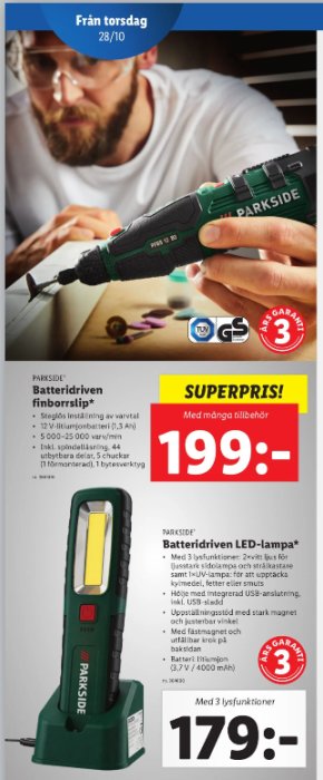 Person använder en batteridriven finborrslip, under visas en LED-lampa. Produkterna är från märket Parkside.