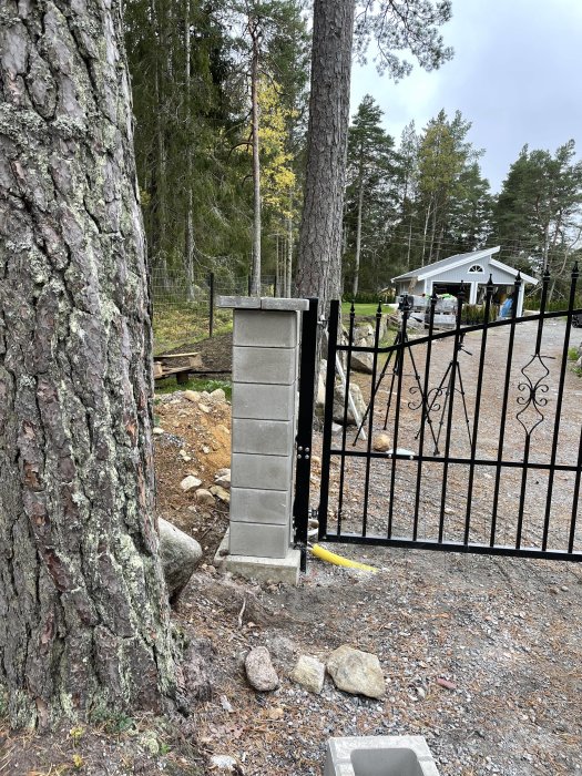 Grå grindstolpe bredvid ett svart smidesjärnsstaket och tallträd i en trädgård.