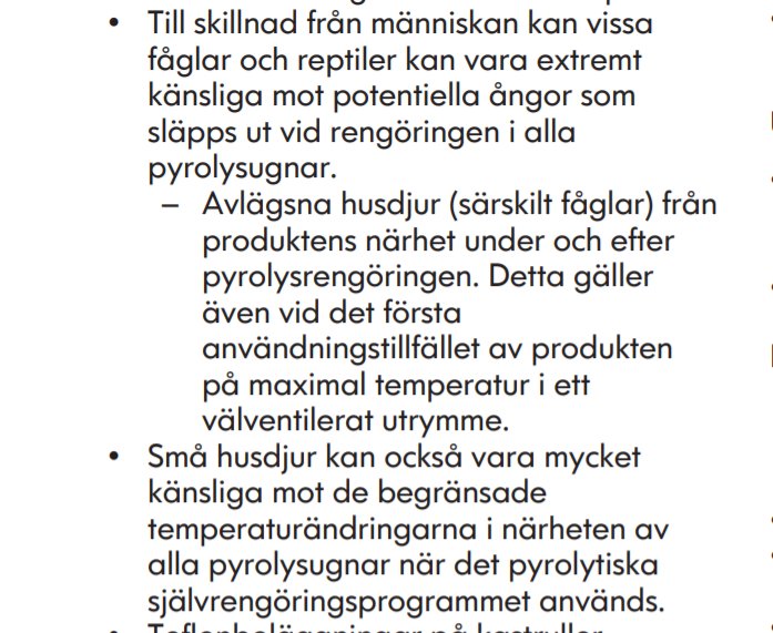 Del av bruksanvisning som varnar för gaser från pyrolysfunktionen i en ugn som kan vara skadliga för små husdjur.